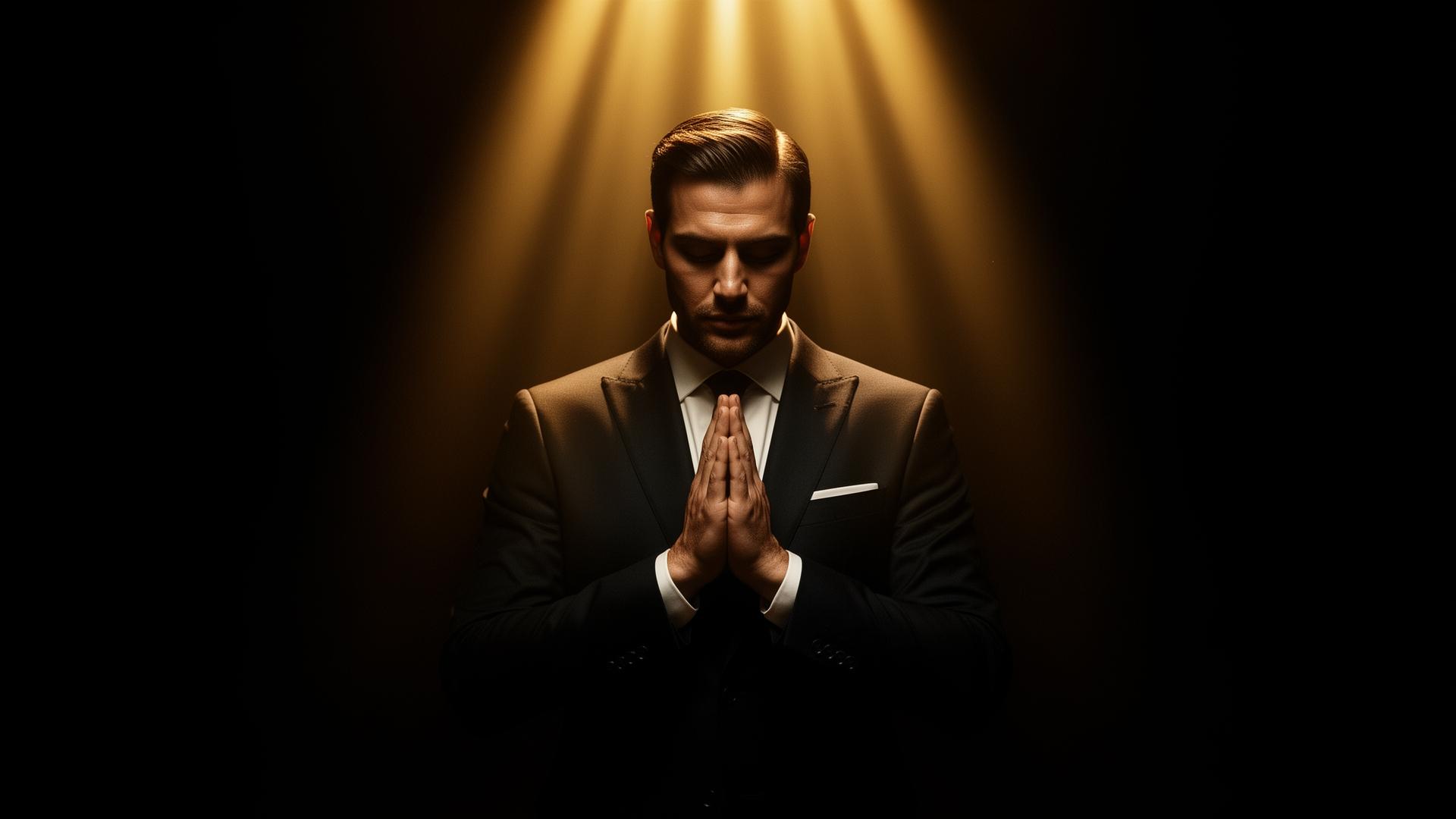 Empresário em oração com luz dourada